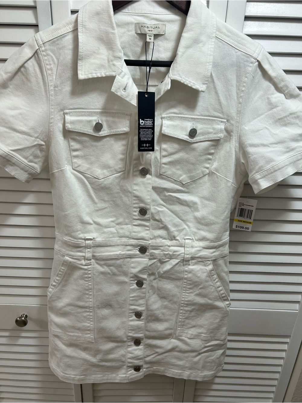 Habitual White Short-Sleeve Button-Front Utility Dress NWT Size M